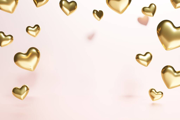 renderização 3d de moldura de corações dourados em um fundo rosa coral para o Dia dos Namorados - Foto, Imagem