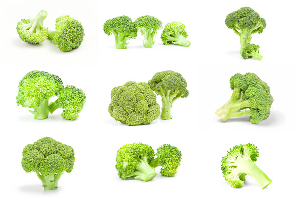 Collage of fresh green broccoli isolated on a white background cutout - Фото, изображение