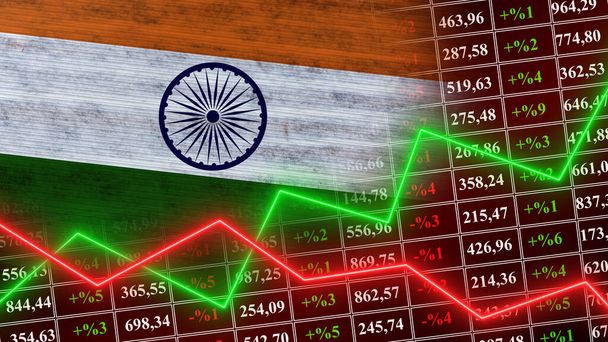 Indien-Flagge, Finanzen, Finanzdiagramm, Börse, Börsendiagramm, Aktienindizes, Wachsende Wirtschaft, 3D-Illustration - Foto, Bild