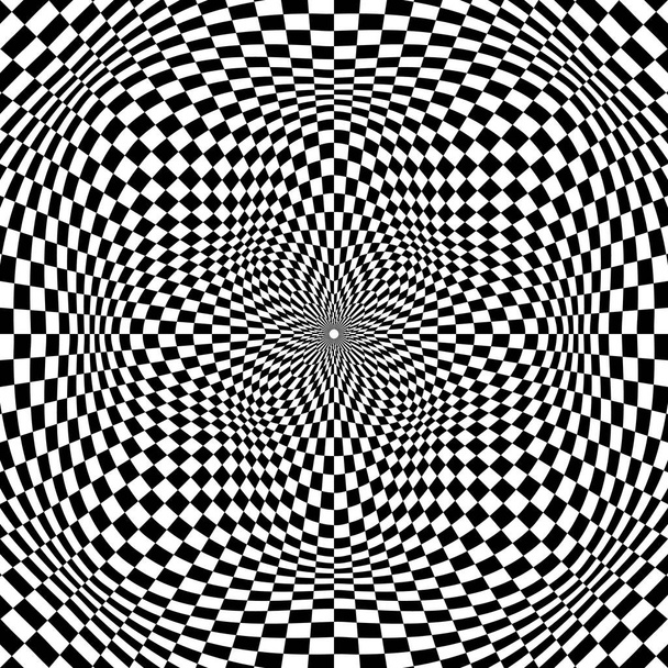 Op art cirkelpatroon van vele kleine zwart-wit vierkantjes. Psychedelisch geruite achtergrond ontwerp. - Vector, afbeelding