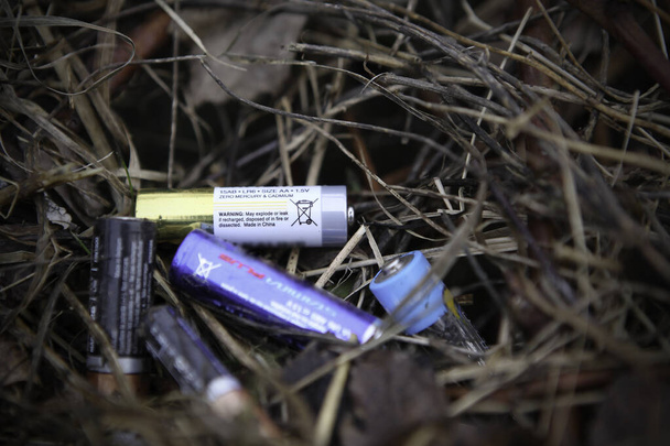 Discarded batteries lie in dry grass. The problem of ecology and nature pollution by toxic waste. - Valokuva, kuva