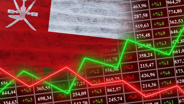 Флаг Омана, финансы, финансовый график, фондовый рынок, график фондовой биржи, фондовые индексы, растущая экономическая, 3D иллюстрация - Фото, изображение