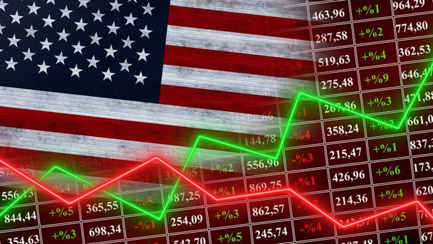 アメリカ国旗、財務、財務チャート、株式市場、証券取引所グラフ、株式指数、成長経済、 3Dイラスト - 写真・画像