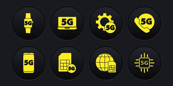 Set Mobile com rede 5G, telefone, cartão SIM, globo, configuração, laptop, processador e ícone de relógio inteligente. Vetor - Vetor, Imagem