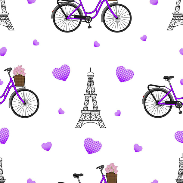 torre eiffel, bicicleta con flores en cesta y corazones morados - Vector, imagen