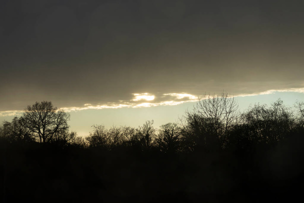 マンチェスター空港近くのホテルの窓から、日没時に雲と裸の木の暗いシルエットの冬の風景 - 写真・画像