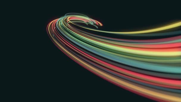 Abstract Swirling Light Strings Deeltjes Achtergrond Loop / 4k animatie van een abstracte technologie achtergrond van krachtige wervelende snelheid neon veelkleurige deeltjes patronen en snaren naadloos lussen met scherptediepte - Video