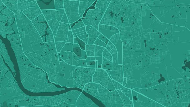 Groene Dhaka City gebied vector achtergrond kaart, straten en water cartografie illustratie. Breedbeeldverhouding, digitale plattegrond. - Vector, afbeelding