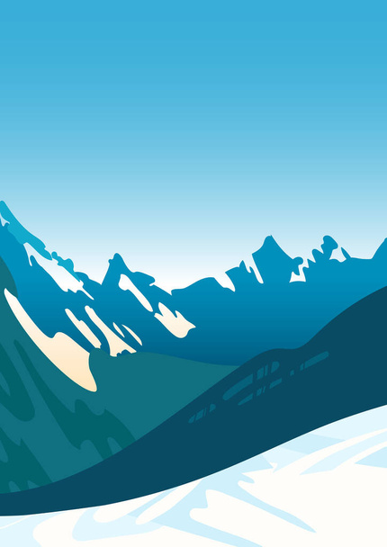Schneebedeckte Gebirgsketten, blauer Himmel. Helle Winterlandschaft. Wintersport. Snowboard, Skigebiet. Für Poster, Postkarten, Banner, Webseiten. - Vektor, Bild