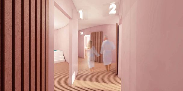 representación 3d con personas caminando a lo largo de un pasillo con cabinas de spa - Foto, imagen
