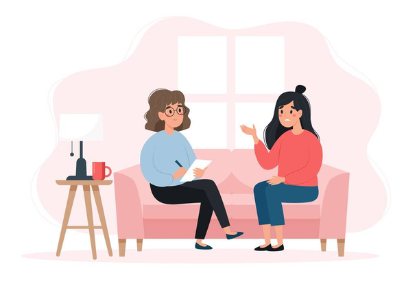 Sessão de psicoterapia - mulher falando com psicólogo sentado no sofá. Conceito de saúde mental, ilustração vetorial em estilo plano - Vetor, Imagem