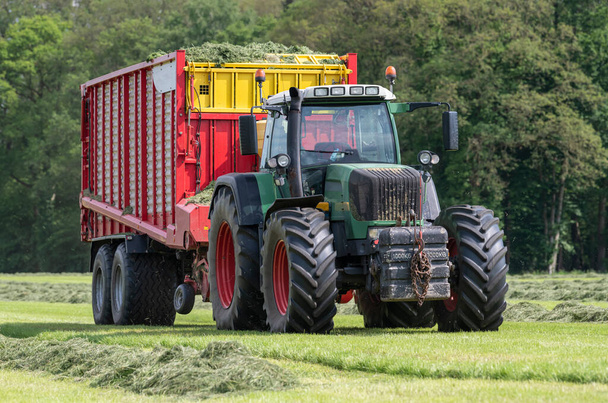 Szárított fű felszedése szilázsra zöld traktorral és piros rakodókocsival - Fotó, kép