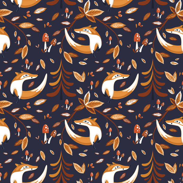Fox on the background of trees, mushroom and branches with leaves seamless pattern. Perfect for kids apparel,fabric, textile, nursery decoration,wrapping paper - Foto, afbeelding