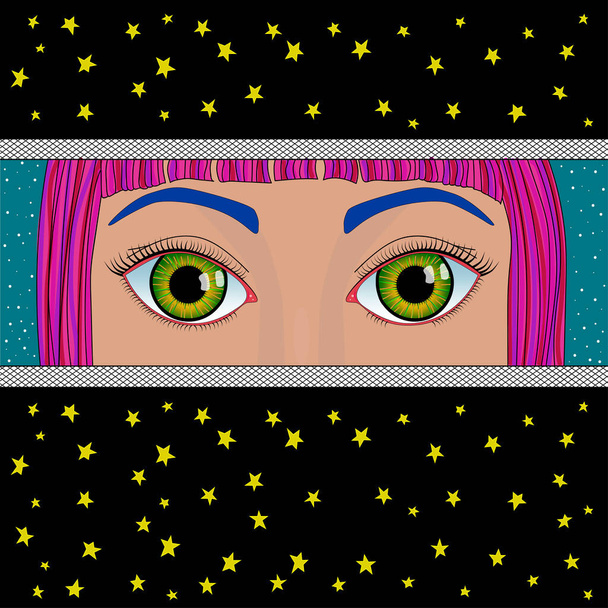 Τα γυναικεία μάτια κοιτάζουν μέσα από μια τρύπα με πολύχρωμο φόντο. Ένα κορίτσι με ροζ μαλλιά με μπλε φρύδια και πράσινα μάτια.. - Διάνυσμα, εικόνα