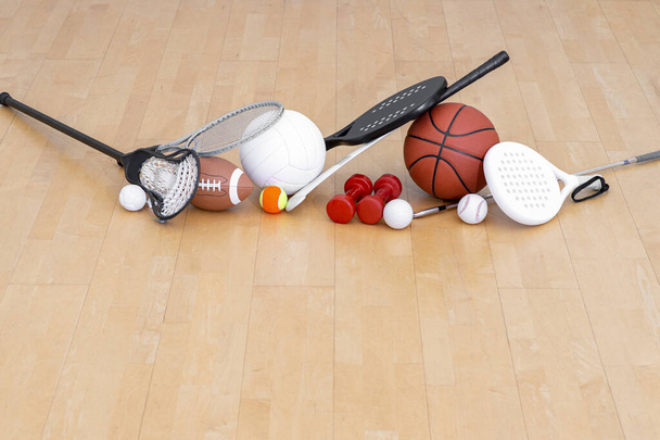 Sports equipment, rackets and balls on hardwood court floor. Horizontal education and sport poster, greeting cards, headers, website - Photo, Image
