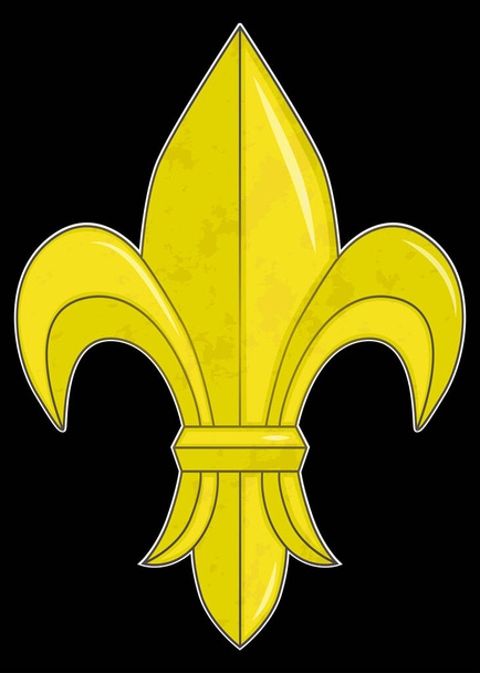 Het symbool van de koninklijke lelie van goud. Het teken van de bloem van metaal van gele kleur op de achtergrond. - Vector, afbeelding