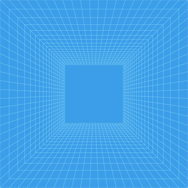 Кімната сітки в перспективі, векторна ілюстрація в 3d стилі. Внутрішня дротяна рамка з синіх ліній, шаблон внутрішнього квадрата, цифрова порожня коробка. Мінімальний дизайн тла
 - Вектор, зображення