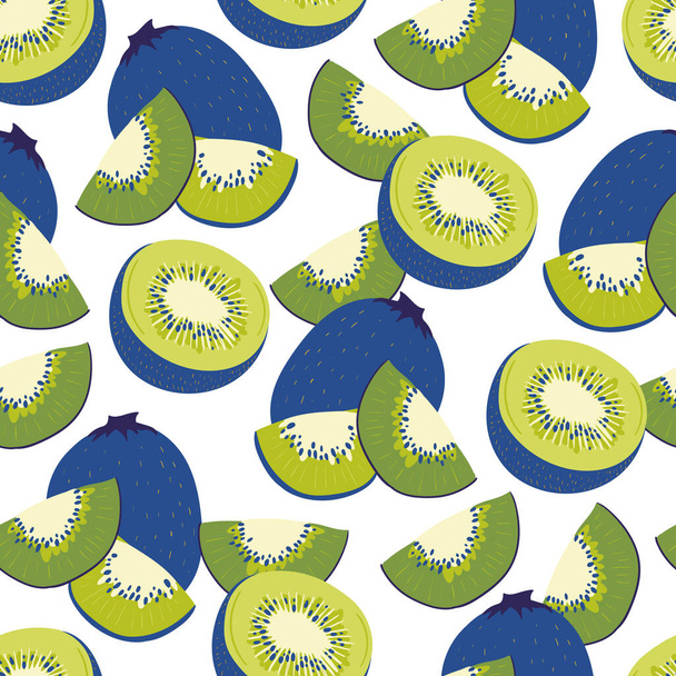 Kiwi. Frutta tropicale modello senza cuciture in stile disegnato a mano. Vettore di cibo vegetariano ripetere sfondo per tessuto estivo colorato. - Vettoriali, immagini