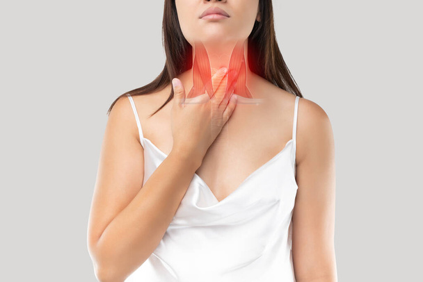 Συμπτώματα βρογχίτιδας. Εικονογράφηση του βρογχικού ή τραχεία στο σώμα μιας γυναίκας, Αντίληψη με την υγειονομική περίθαλψη και την ιατρική. Οι γυναίκες υποφέρουν από πόνο στο λαιμό λόγω φλεγμονή των μυών του λαιμού. - Φωτογραφία, εικόνα