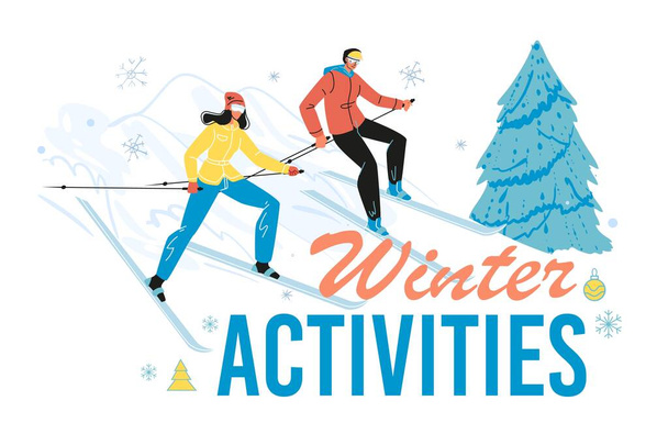 Winteractiviteiten poster met vrouw en man skiën - Vector, afbeelding