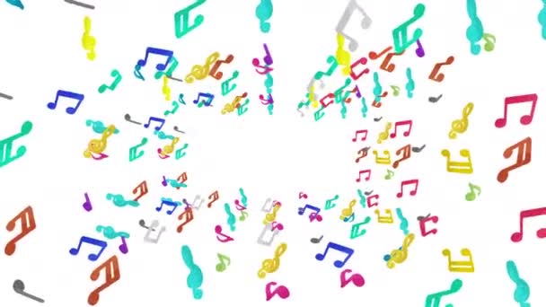 Veel kleurrijke muzikale noten zweven in de lucht op een witte achtergrond. Muziek score illustratie. Onderwijsconcept. 3D lus animatie. - Video