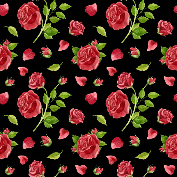 Red roses seamless pattern. Flowers, buds and rose petals. Floral pattern on black background. Watercolor clipart. - Fotoğraf, Görsel