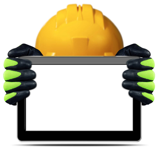 Stavební dělník s oranžovou pracovní helmou a rukama s ochrannými rukavicemi, držící prázdný digitální tablet, izolovaný na bílém pozadí s kopírovacím prostorem. - Fotografie, Obrázek