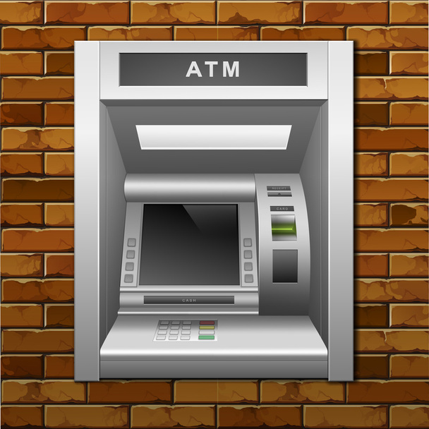 μηχάνημα ΑΤΜ Τράπεζας σε φόντο τούβλο τοίχων - Διάνυσμα, εικόνα