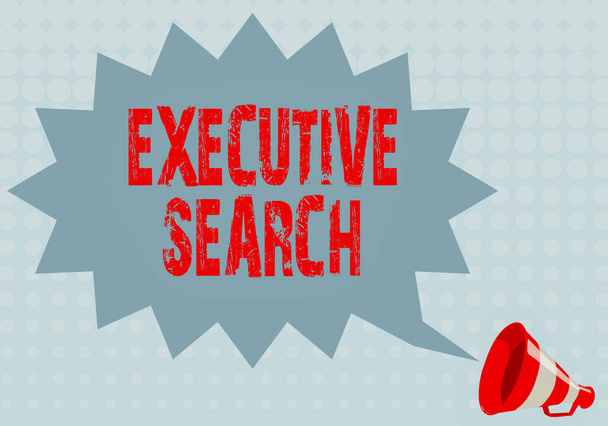 Bildunterschrift: Executive Search. Konzept bedeutet, dass Personaldienstleister für die Suche nach Kandidaten bezahlen Illustration einer spitzfindigen Chat-Wolke, die durch ein Megaphon angekündigt wird. - Foto, Bild