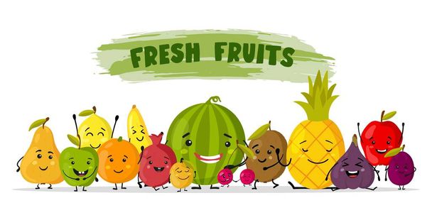 Advertising banner with smyle fresh fruits. Healthy food illustration, hand drawn graphic. Live fruit isolated on white background. - Vetor, Imagem