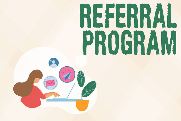 Hand writing sign Referral Program. Business concept sending own patient to another physician for treatment Abstract Internet Browsing And Sending Emails, Remote Online Work Concept - Photo, Image