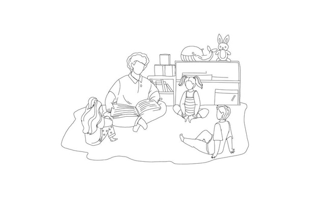 Dad read book to children at home line vector - Vector, Image
