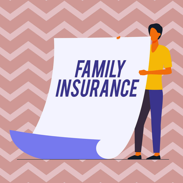 Text sign showing Family Insurance. Internet Concept paying a partial or full health care for relatives Man Standing Holding Large Blank Paper Showing New Meaning And Message. - Photo, Image