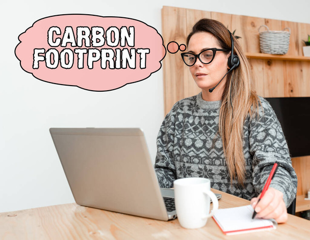 Почерк текста Carbon Footprint. Word Watch о количестве диоксида углерода, высвободившегося в атмосфере в результате деятельности Callcenter Agent, работающего из дома, студента, готовящегося к экзаменам - Фото, изображение