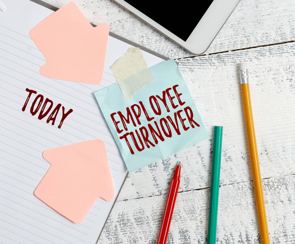 Text sign showing Employee Turnover. Word Written on Number or percentage of workers who leave an organization Composing Letter Idea, Listing Text Documents, Drafting Handwritten Article - Photo, Image