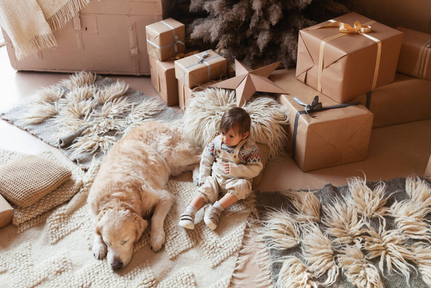 girl child and retriever dog on floor in christmas set room - Foto, Imagen