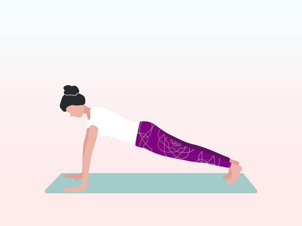 La mujer se dedica al yoga en la pose de una tabla extendida. Puede ser utilizado para el cartel, la bandera, el folleto, la postal, el Web site. - Vector, Imagen