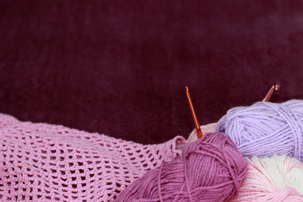 Background with skein and crochet - Фото, изображение