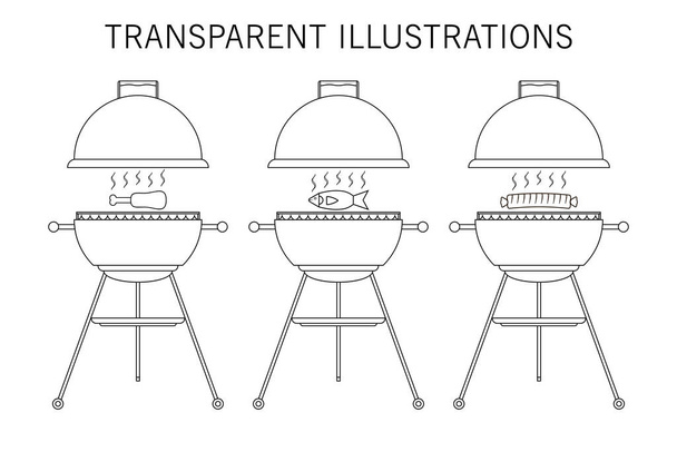 Bbq barbecue grill with meat, fish, sausage. Vector illustration. Transparent and outline drawing. - Vector, Image