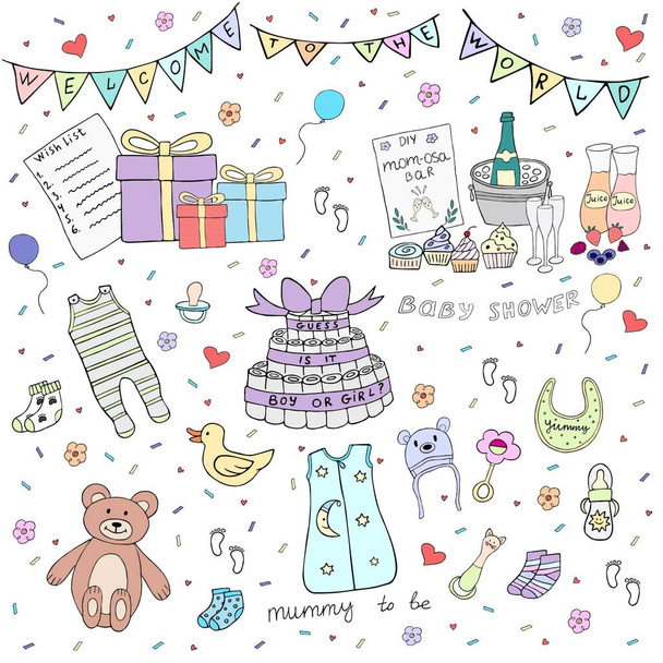 Baby chuveiro doodle vetor ilustração com presentes e brinquedos. Perfeito para convite de festa, cartão. - Vetor, Imagem