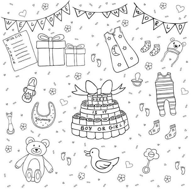 Illustrazione vettoriale doodle doccia per bambini in bianco e nero con regali e giocattoli. Perfetto per inviti alle feste, card. - Vettoriali, immagini
