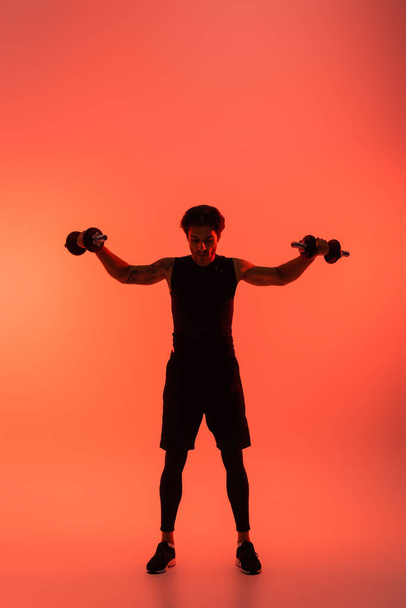 Sportsman training with dumbbells on red background  - 写真・画像