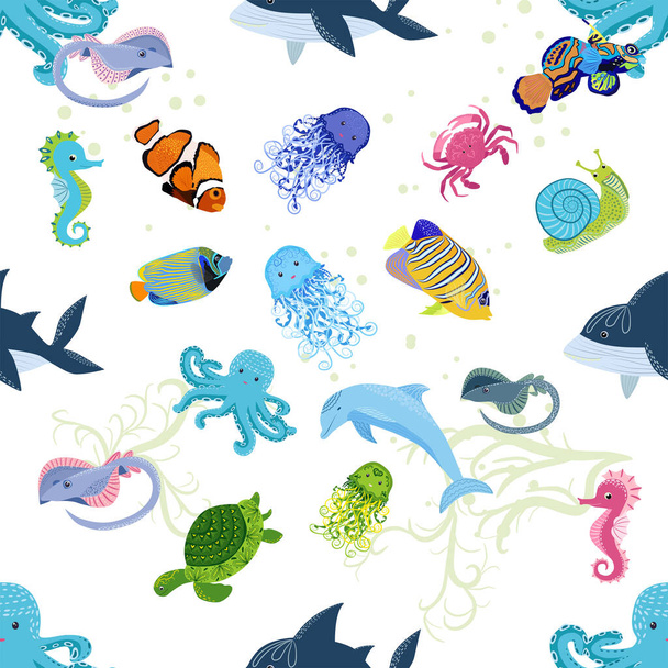 Marine life, fish, animals bright seamless pattern. sea travel, underwater diving animal tropical fish. Jellyfish, whale, shark, seahorse, clown fish, dolphin, turtle emperor fish octopus stingray - Vector, afbeelding