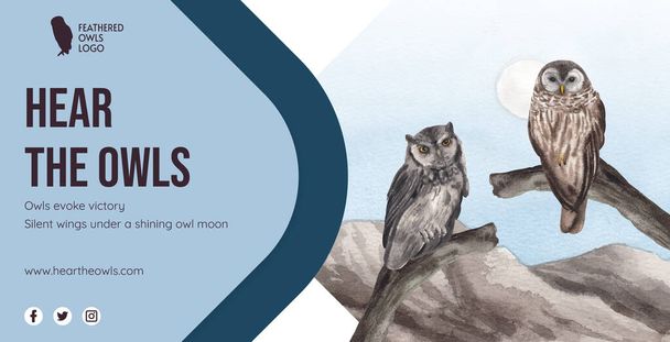Billboard template with owl bird concept,watercolor styl - Vector, Image