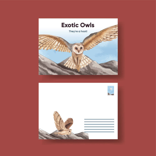 Postcard template with owl bird concept,watercolor styl - Vector, Image