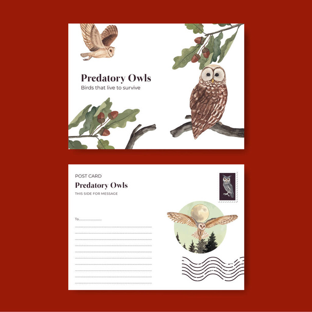 Postcard template with owl bird concept,watercolor styl - Vector, Image