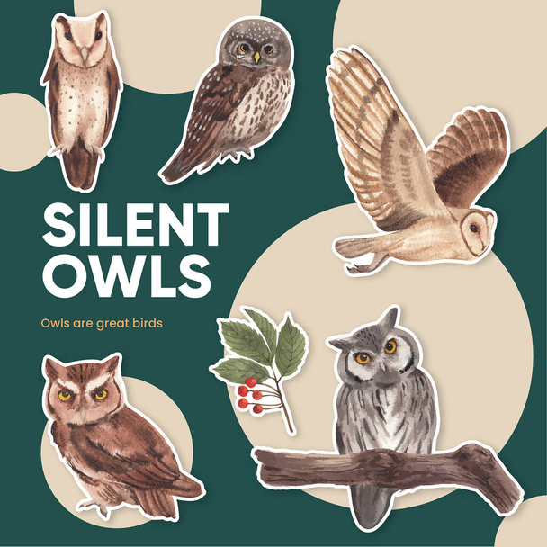 Sticker template with owl bird concept,watercolor styl - Vector, Image