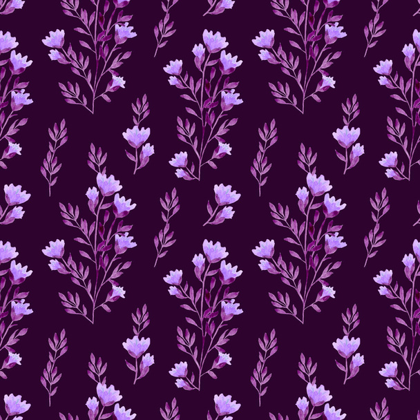 Watercolor floral seamless pattern. Monochrome lilac flowers on a dark background. Design for textiles, wallpaper, wrapping paper. Hand drawing. - Fotoğraf, Görsel