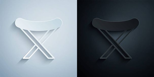 Paper cut Camping portable folding chair icon isolated on grey and black background. Sprzęt do odpoczynku i relaksu. Siedzenie wędkarskie. Papier w stylu sztuki. Wektor - Wektor, obraz