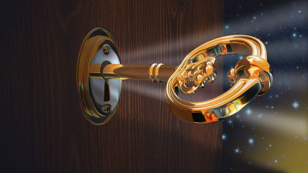Az arany kulcs a titkos tudásból megnyitja az ajtókat a csillagos ég hátterében.. - Fotó, kép